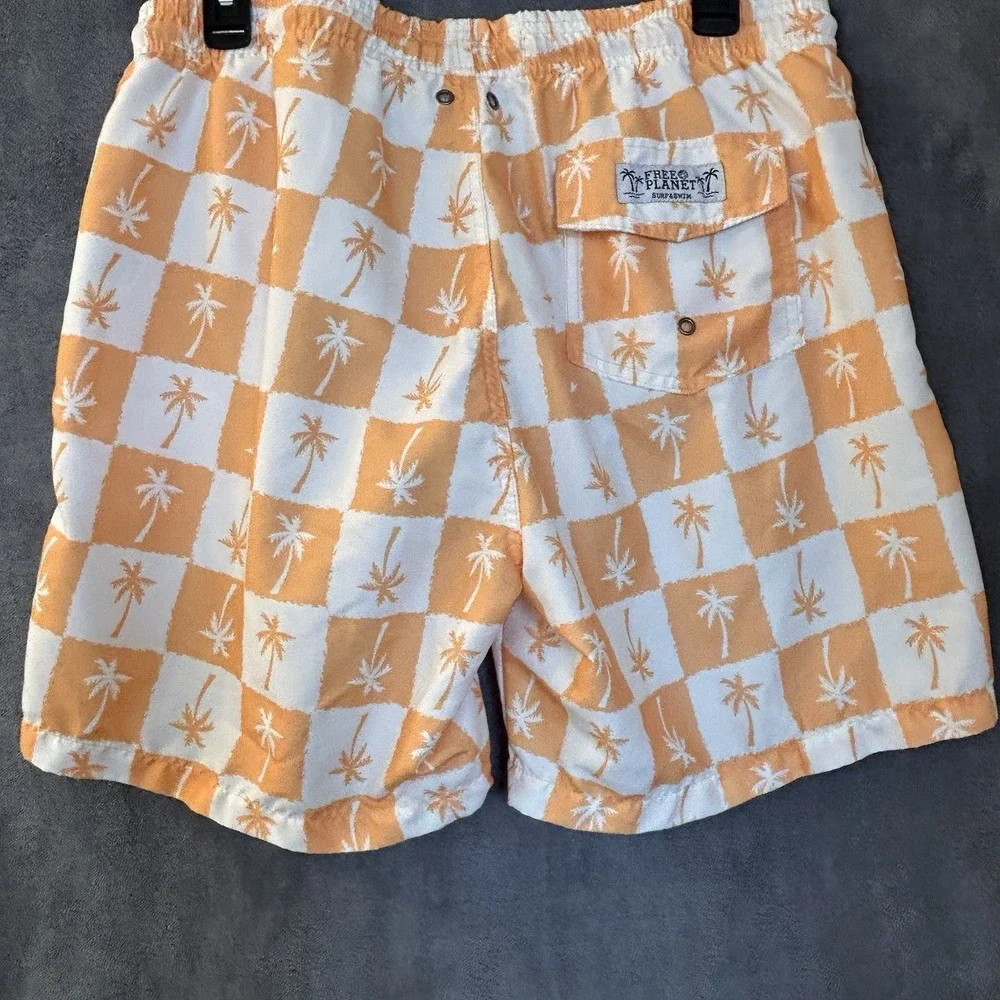 Free Planet Mens Large Hawaiian Lined Swim Trunks & Shirt Orange & White